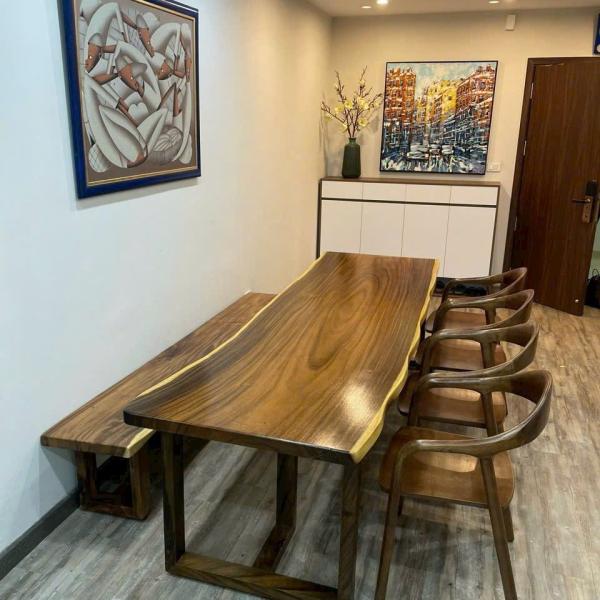 Bộ bàn ăn ghế băng dài bằng gỗ